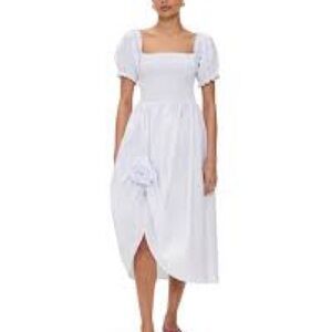Sleeper White Midi Dress with Puff Sleeves